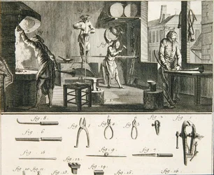 Warsztat i narzędzia rogacza, z „Encyclopedie des Sciences et Metiers” Denisa Diderota (1713–84), wydanej ok. 1770 r. (rycina)