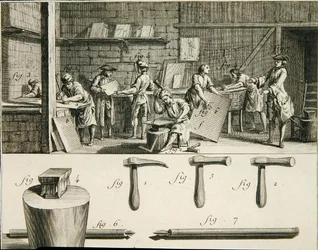 Warsztat ślusarski i narzędzia, z „Encyclopedie des Sciences et Metiers” Denisa Diderota (1713–84) opublikowanej ok. 1770 r. (grafika)