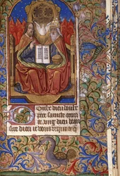 Miniatura z Księgi Godzin, po łacinie i francusku, przedstawiająca Trójcę intronizującą z aniołami, ok. 1485
