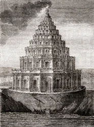 Wyimaginowany XIX-wieczny obraz latarni morskiej w Aleksandrii, znanej również jako Faros z Aleksandrii, latarni morskiej zbudowanej przez Królestwo Ptolemeuszów w latach 280-247 p.n.e., z „Les Merveilles de la Science”, opublikowanej ok. 1870 r. (rycina)