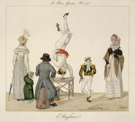Wykonawca stojący na głowie balansujący na szkle, płyta 96 z gatunku le Bon, ok. 1810 (kolorystyka)
