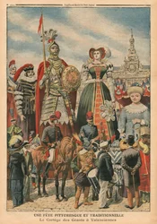 Malownicza i tradycyjna uczta, procesja olbrzymów w Valenciennes, ilustracja z „Le Petit Journal”, dodatek illustre, 10.07.1910 r. (lito barwne)