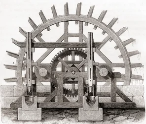 Młyn proszkowy i koło wodne, według rysunku z XIX wieku, z Les Merveilles de la Science, wydanego ok. 1870 (rycina)