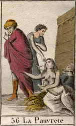 Przedstawienie biedy, boso i ubrana w okruchy, siedzi na słomie. (Reprezentacja biedy, ubrana w strzępy, bosa, siedzi na słomie). Z „Mitologii młodości” Pierre