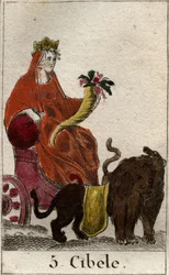 Przedstawienie boskiej Kybele (pochodzenia frygijskiego) uosabiające Matkę Naturę, trzyma w dłoniach róg obfitości. Z „Mitologii młodości” Pierre