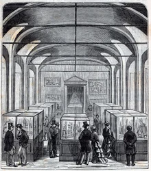 Sala Conservatoire de Arts et Metiers (Arts-et-Metiers) w XIX wieku - Grawerowanie w ""Nauki do dyspozycji wszystkich - fizyka i chemia"" Alexisa Clerca - Koniec XIX wieku. Prywatna kolekcja.
