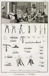 But i szewc oraz ich narzędzia, z Encyclopedie des Sciences et Metiers autorstwa Denisa Diderota (1713-84) opublikowanej ok. 1770 r.