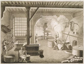 Warsztat farbiarzy jedwabiu, z Encyclopedie des Sciences et Metiers autorstwa Denisa Diderota (1713-84) opublikowany ok. 1770