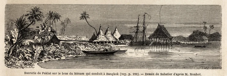 Cukrownia Paklat, na ramieniu Menam, głównej rzeki Tajlandii, rysunek Sabatiera, ilustrujący podróż Henri Mouhota do królestw Syjamu, Kambodży i Laosu w latach 1858-1861. Grawer „”Le tour du monde” ”, pod redakcją Edouarda Charto