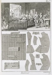 Warsztat krawiecki i wzory, z Encyclopedie des Sciences et Metiers autorstwa Denisa Diderota (1713-84) opublikowanego ok. 1770