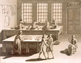 Warsztat krawiecki, z Encyclopedie des Sciences et Metiers autorstwa Denisa Diderota (1713-84) wydanej ok. 1770 r.