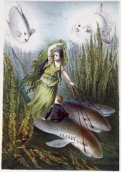Kobieta i chłopiec uciekający przed gigantycznymi rybami na rekinach - w "Podróży na dno morza" H. de la Blanchère. Paryż, wyd. Jouvet et Cie, sd. 1880. (podwójne 02944)