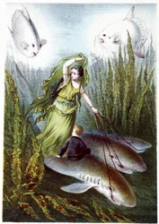 Kobieta i chłopiec uciekający przed gigantycznymi rybami na rekinach - w "Podróży na dno morza" H. de la Blanchère. Paryż, wyd. Jouvet et Cie, sd. 1880.