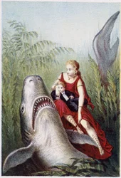 Kobieta i chłopiec jadący na rekinie – w „Podróży na dno morza” H. de la Blanchère. Paryż, wyd. Jouvet et Cie, sd. 1880.