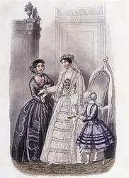 Kobieta w sukni ślubnej w otoczeniu dziewczyny i damy – w „Journal des Demoiselles” 1852.