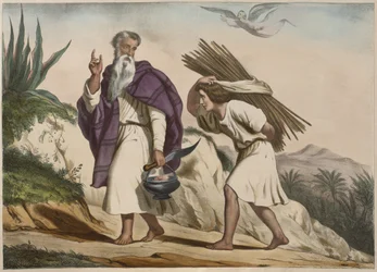 Abraham zabierający Izaaka na górę Moria, ilustracja z katechizmu LHistoire Sainte, wydanego przez Charlesa Delagrave, Paryż