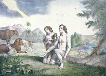 Adam i Ewa w ogrodzie Eden, koniec XIX wieku (kolororyt)