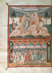 Dodaj 10546 f.25b Mojżesz odbierający i przekazujący Prawo Boże na Górze Synaj, z Biblii Moutier-Grandval, oświetlonej w opactwie Karolingów w St. Martin, Tours, ok. 834-843 (welum)