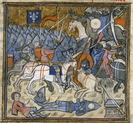 Dodać. 15269, f.124v Crusaders walczący z Saracenami, ilustracja z „Chroniques de France ou de St Denys” (tusz, kolor i złoto na welinie)