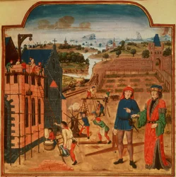 Dodaj 19720 f.27 Budowa domku ogrodowego z formalnymi ogrodami i krajobrazem w tle, z Livre des Prouffits Champetres et Ruraulx autorstwa Pietro de Crescenzi (1230-1320/1) (welum)