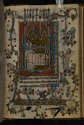 Dodać. 36684, f.125 „Trzech mnichów śpiewających przed trumną” Strona z „Księgi Godzin, użycie św. Omera”, ok.1320 (welum)