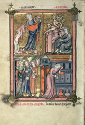 Dodaj 54180 f.136b Miłosierdzie i skąpstwo, Lot i aniołowie; wdowa i jej olej, z „La Somme le Roy” Frere Laurenta, oświetlona przez Maitre Honore (welum)