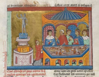 Dodać. MS 15268, ks. 242v Świątynia Janusa z senatorami jedzącymi na pierwszym planie, od „Historii starożytnej do Cezara” (welum)