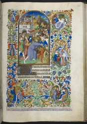 Dodaj Ms 18850 f.235r, Godziny męki [Płeć], Chrystus niosący krzyż, z Księgi Godzin (Godziny Bedforda) c.1410-30 (atrament, kolor i złoto na welinie)