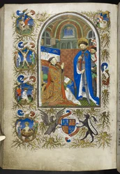 Dodaj Ms 18850 f.256v, Duke of Bedford przed St George, z Book of Hours (The Bedford Hours) c.1410-30 (tusz, kolor i złoto na welinie)