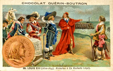 Chromolitografia reklamowa czekoladek Guerin Boutron, Ludwik XIII król Francji w latach 1610-1643. Richelieu w La Rochelle 1696