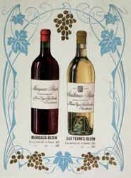 Reklama sprzedaży wina Margaux-Bijon (Margaux Bijon) i Sauternes-Bijon (Sauternes Bijon), 25frs z 12 butelek, 50frs na 25