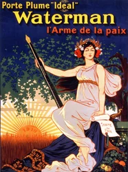 Plakat reklamowy „Idealny posiadacz fontanny Waterman, broń pokoju”” (kobieta trzymająca traktat pokojowy i pióro Watermana). Litografia 1919.