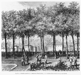 Reklama przedstawiająca kolonię robotniczą, ilustracja z Le Monde Illustre, 1876