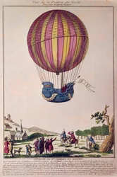 Aerostat: druga próba lotu balonem. Charles i Robert schodzą na Prairie de Nesle, niedaleko Paryża, po podróży balonem na wodór w dniu 01.12.1783. Rycina z XVIII wieku.