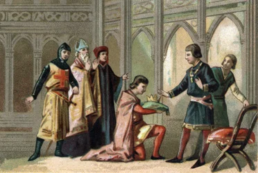 Po śmierci Ludwika X korona powróciła do jego młodszego brata, Filipa V dit Le Long (1294-1322). W scenie biorą udział trzy zakony feodalne. Chromolitografia około 1890 r.