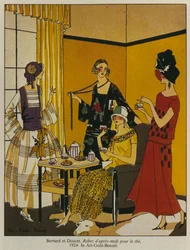 Popołudniowe sukienki na herbatę, talerz z modą z magazynu Art Gout Beaute, 1924