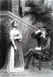 Agnes ze swoim opiekunem Arnolphe, ze Szkoły dla żon, Moliere
