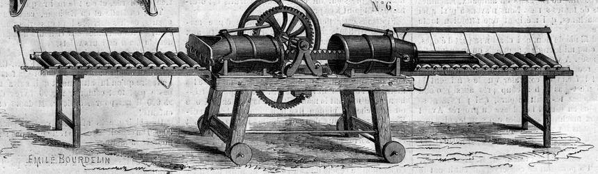 Maszyna rolnicza: maszyna do wytwarzania rur drenażowych prezentowana na Wystawie Rolniczej w 1860 roku w Paryżu. Grawerowanie w „”Le Monde Illustré””n°168 z 30 czerwca