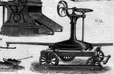 Maszyna rolnicza: przenośna ujeżdżalnia zaprezentowana na paryskim konkursie rolniczym w 1860 r. Grawer „” Le Monde Illustré” nr 169 z 7 lipca 1860 r.