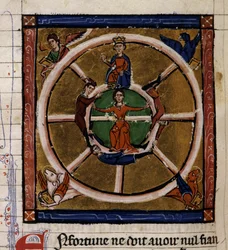 Aleksander III Wielki (356-323 pne) siedzący na kole fortuny otacza Tetramorfa. Miniatura rękopisu „Histoire ancienne à la Cesar” ok. 1260-1270 napisana przez urzędnika dworu Rogera IV, kasztelana z Lille (120