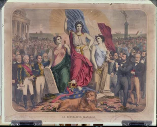 Alegoria Republiki Francuskiej przedstawiająca Adolphe Thiersa (1797-1877), Leona Gambettę (1838-1882) i Victora Hugo (1802-1885)