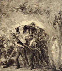 Alegoria zwrotu prochów cesarza francuskiego Napoleona Bonaparte w 1840 r. XIX w. (ryc. z książki „Barwy, obyczaje, zwyczaje, kostiumy, wynalazki