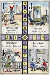 Alfabet i litera I J K i L, ignorancja, zabawki, kakato i gra w lotto. ABC małych dziewczynek. Obrazowanie epinal