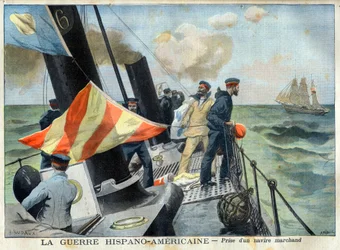 American Hispano War (lub Desastre z 98) - Wojna hiszpańsko-amerykańska: zdobycie statku handlowego. Wojna hiszpańsko-amerykańska - zabranie statku handlowego. Ilustracja do Le petit Journal