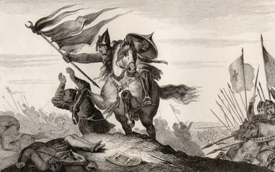 Francuski rycerz w bitwie z VIII wieku, z "Histoire de France" Colarta, opublikowanego ok. 1840 r. (rycina)