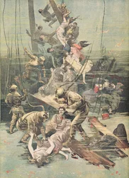 Wypadek w Santander, Nurkowie szukający ciał ofiar, ilustracja z „Le Petit Journal”, 25 listopada 1893