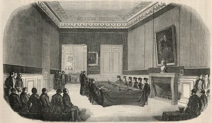 Egzamin w sali konferencyjnej Szkoły Prawa w Paryżu - Grawerowanie w „Tableau-de-Paris” Edmonda Texiera 1852