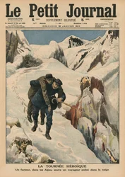 Bohaterska runda, alpejski listonosz ratujący podróżnika utkwionego w śniegu, ilustracja na okładce z „Le Petit Journal”, dodatek illustre, 18 stycznia 1914