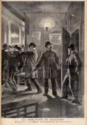 Anarchiści w Anglii. Policja przeprowadza nalot na Autonomy Club w Londynie. Anarchiści w Anglii. Policja w Londyńskim Klubie Autonomicznym. Ilustracja do Le petit Journal, 5 marca 1894 r