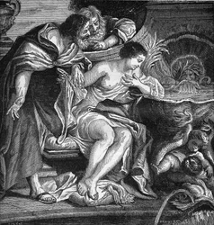 Starożytny Egipt: Cheops miał prostytuować swoją córkę, aby opłacić budowę piramid (stręczycielstwo). Rycina w dziele „Historia prostytucji i rozpusty u wszystkich ludów świata od starożytności do czasów współczesnych” autorstwa dr. Th.-F. D